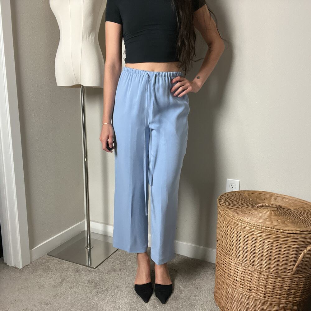 vintage dusty blue silk high waisted drawstring straight leg cropped pants - Picture 1 of 6